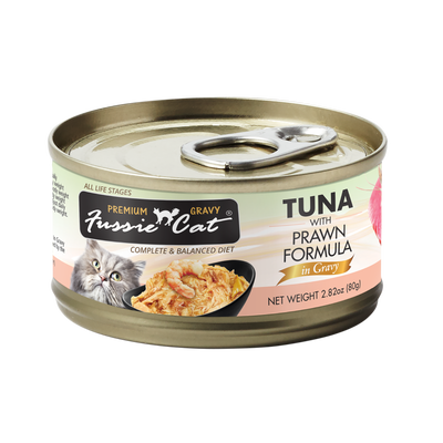 Fussie Cat Premium Tuna with Prawns in gravy Can, 2.82-oz