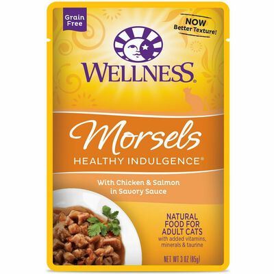 Wellness Healthy Indulgence Natural Grain Free Wet Cat Food, Morsels Chicken & Salmon, 3-oz Pouch