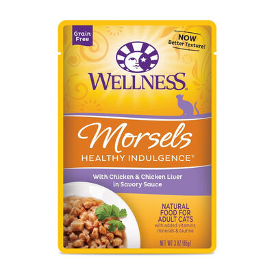 Wellness Healthy Indulgence Natural Grain Free Morsels with Chicken/Chicken Liver in Savory Sauce Wet Cat Food Pouch, 3-oz