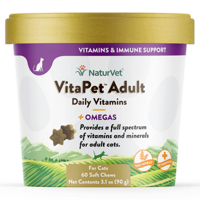Naturvet Vitapet Adult Daily Vitamins Plus Omegas For Cats, 60 Count Soft Chews, Made In The USA