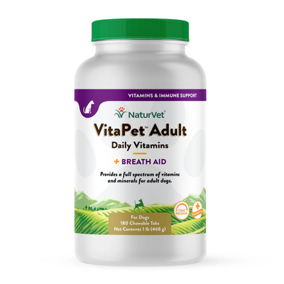 Naturvet Vitapet Adult Daily Vitamins Plus Breath Aid Dog Multivitamin Supplement, Chewable Tablets Time Release, Made In The USA, 180 Count