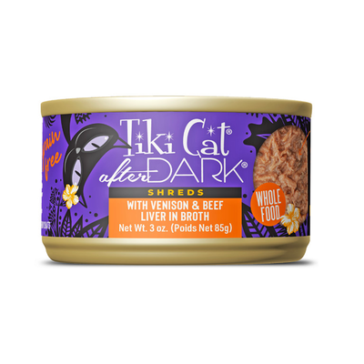 Tiki Cat After Dark Wet Cat Food Venison & Beef Liver Shreds Can, 3-oz