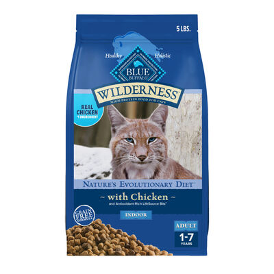 Blue Buffalo Wilderness High-Protein & Grain-Free Natural Chicken for Indoor Cats Adult Dry Cat Food, 5-lb