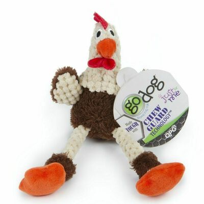 Godog Checkers Skinny Brown Rooster  With Chew Guard Technology Durable Plush Squeaker Dog Toy, Mini (Just For Me)