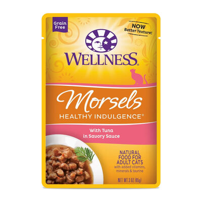 Wellness Healthy Indulgence Natural Grain Free Morsels with Tuna in Savory Sauce Wet Cat Food Pouch, 3-oz