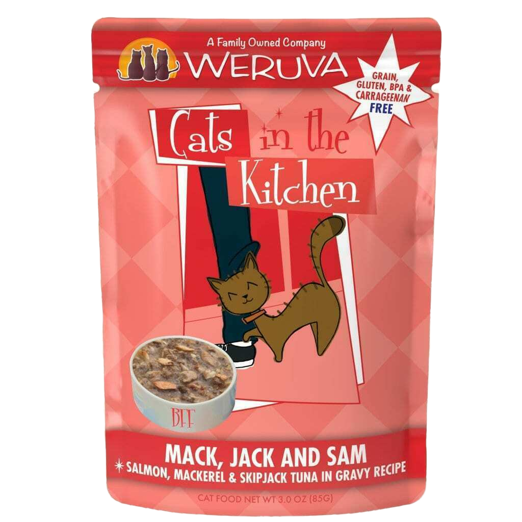 Weruva Cats In The Kitchen, Mack, Jack & Sam With Mackerel, Skipjack & Salmon In Gravy Cat Food, 3-oz Pouch image number null