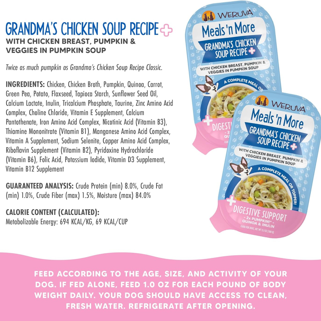 Weruva Meals 'n More Grandma's Chicken Soup Recipe Plus Digestive Support Wet Dog Food Cup, 3.5-oz image number null