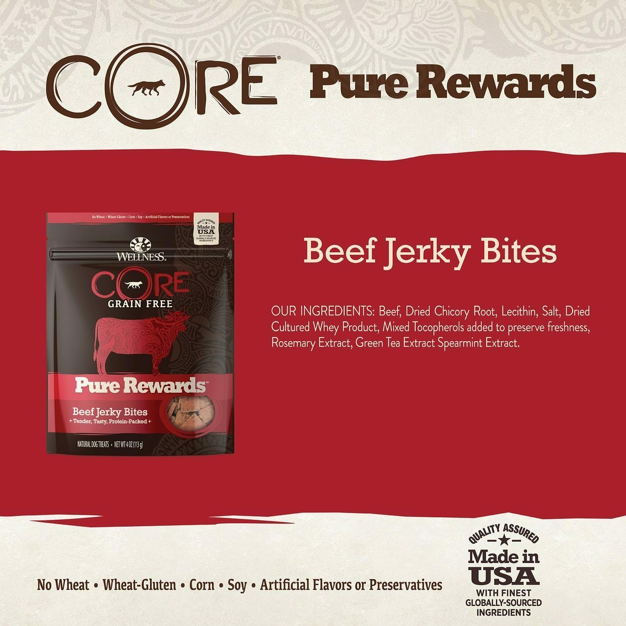 Wellness Core Pure Rewards Natural Grain Free Jerky Bites Dog Treats, Beef Recipe, 4-oz Bag image number null