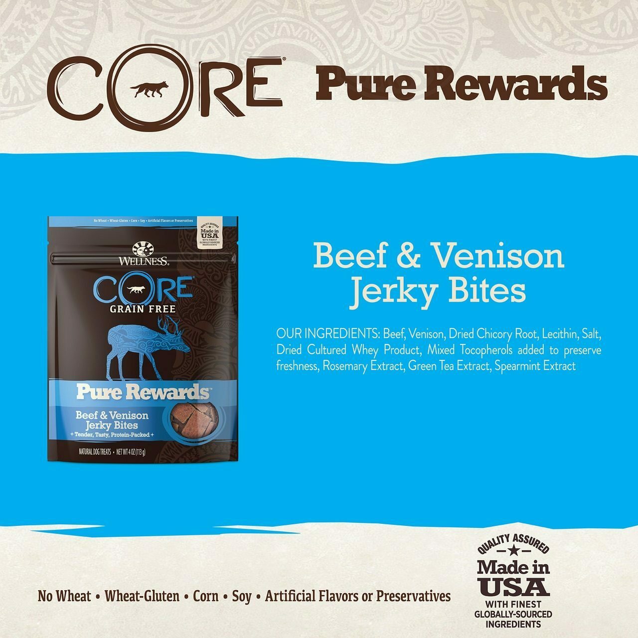 Wellness Core Pure Rewards Natural Grain Free Jerky Bites Dog Treats, Beef & Venison Recipe, 4-oz Bag image number null