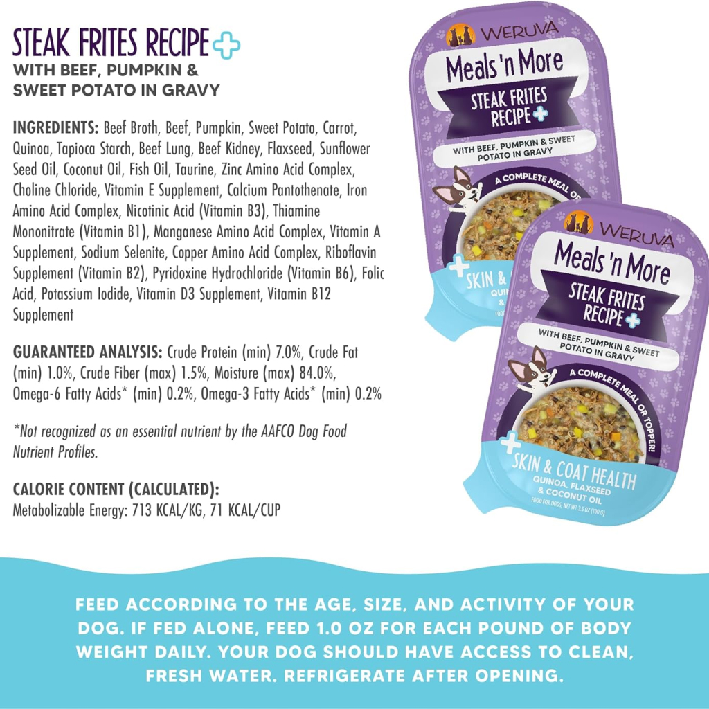 Weruva Meals 'n More Steak Frites Recipe Plus Skin & Coat Health Wet Dog Food Cup, 3.5-oz image number null