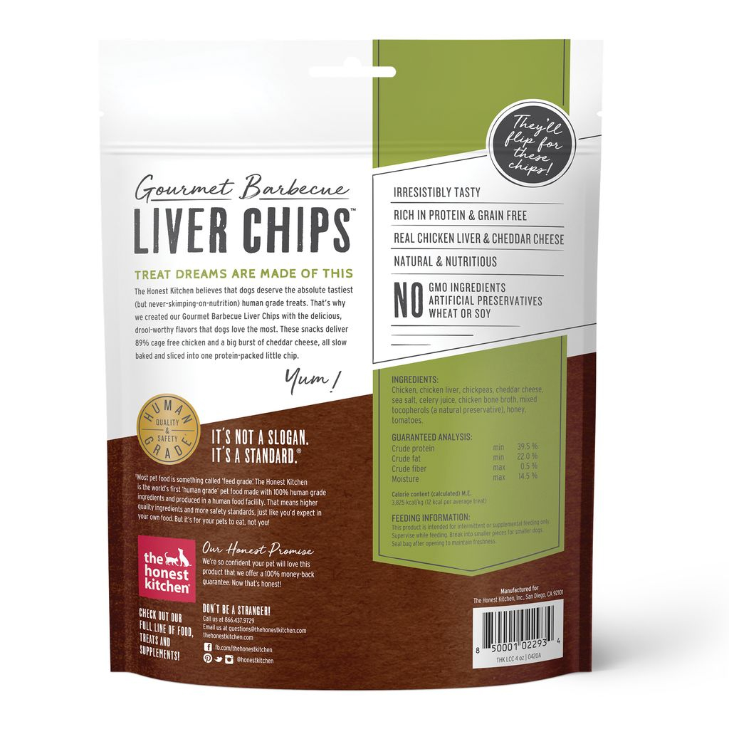 The Honest Kitchen Gourmet Barbecue Chicken Liver & Cheddar Recipe Liver Chips Dog Treat, 4-oz image number null