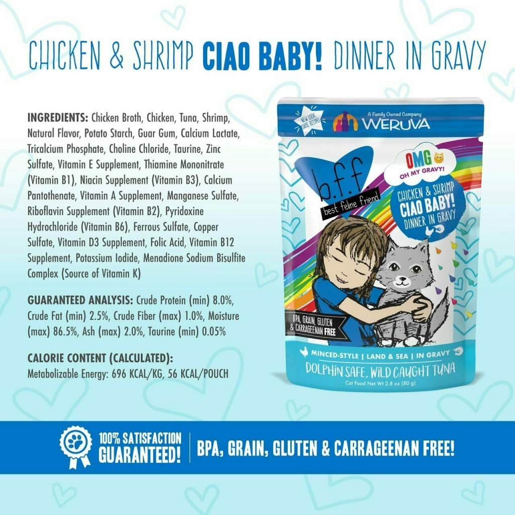 B.F.F. Omg - Best Feline Friend Oh My Gravy!, Ciao Baby! With Chicken & Shirmp In Gravy Cat Food By Weruva, 2.8-oz Pouch image number null