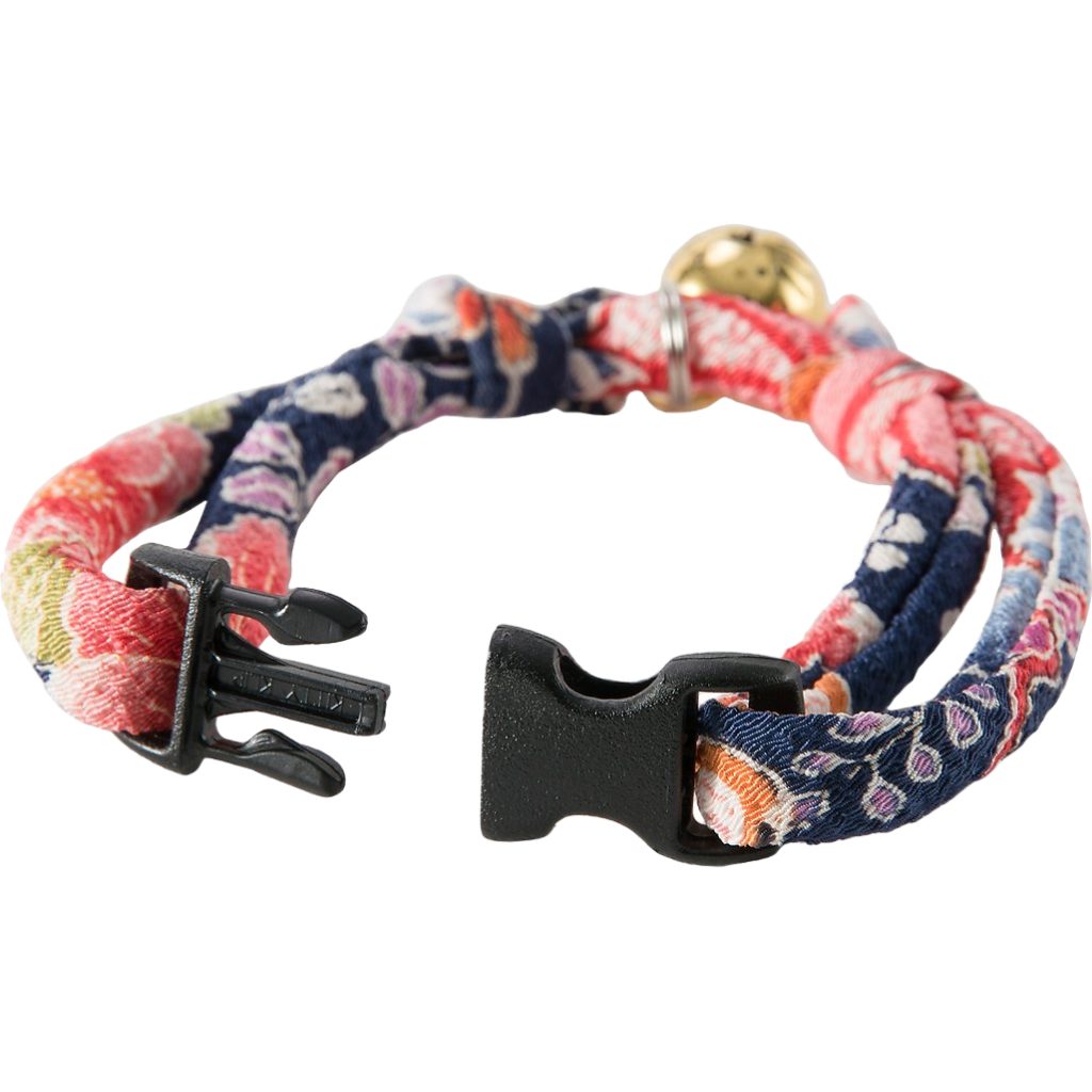 Chirimen Fireworks Cat Collar With Gold Cat Bell (Navy) image number null