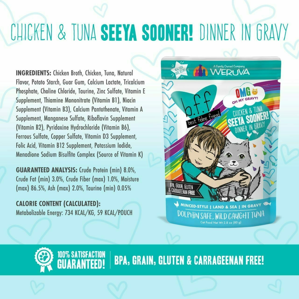 B.F.F. Omg - Best Feline Friend Oh My Gravy!, Seeya Sooner! With Chicken & Tuna In Gravy Cat Food By Weruva, 2.8-oz Pouch image number null