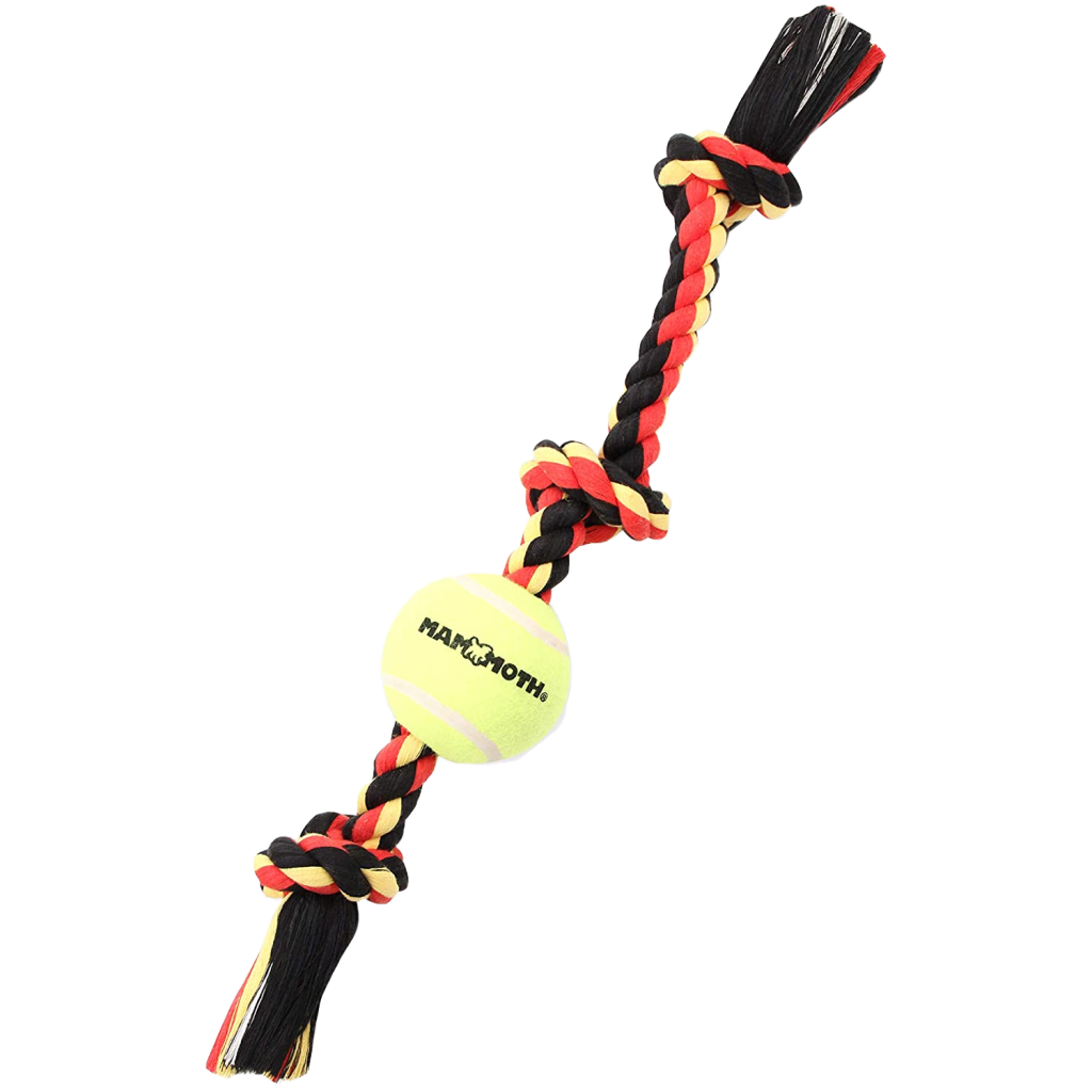 Mammoth Assorted Colors 3 Knot Medium Rope Tug with 3-inch Tennis Ball Dog Toy, 20-in image number null