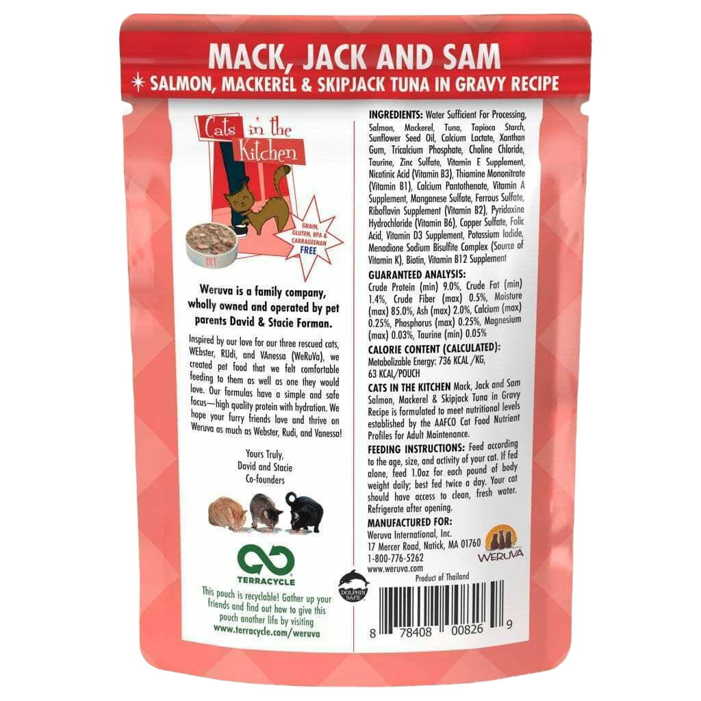 Weruva Cats In The Kitchen, Mack, Jack & Sam With Mackerel, Skipjack & Salmon In Gravy Cat Food, 3-oz Pouch image number null