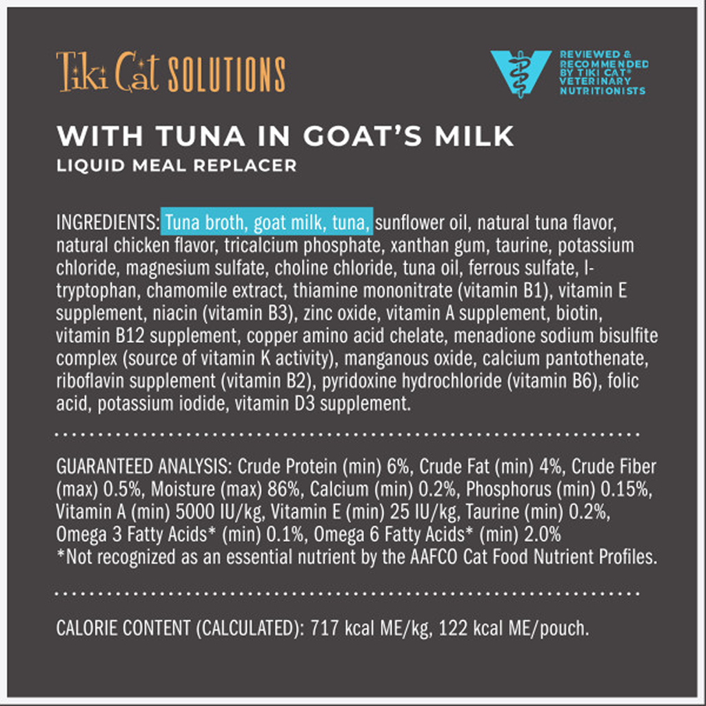 Tiki Cat Solutions Wet Cat Food Tuna & Goat Milk, Liquid Meal Replacer, 6-oz image number null
