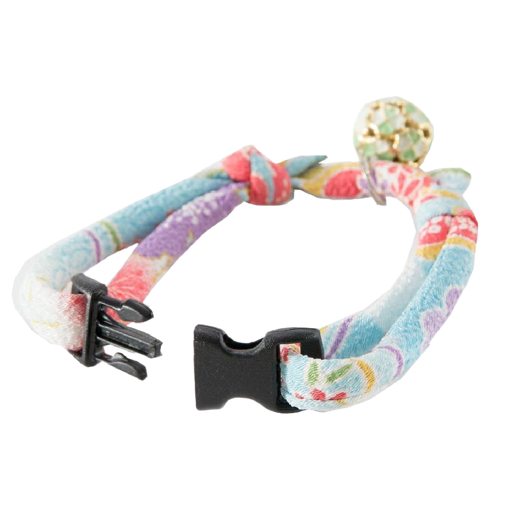 Chirimen Cat Collar With Clover Bell (Baby Blue) image number null