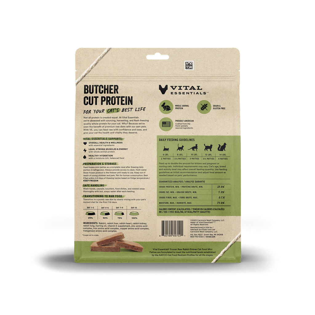 Vital Essentials Frozen Raw Rabbit Entrée Mini Patties Cat Food, 28-oz image number null