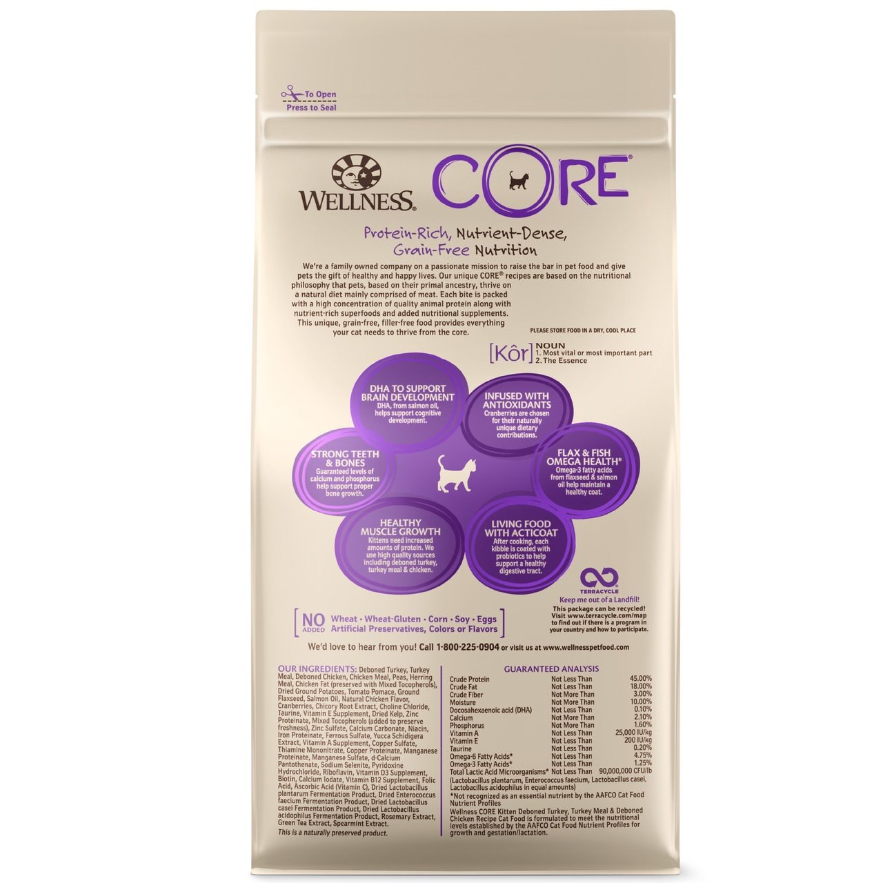 Wellness Core Natural Grain Free Dry Kitten Food, Kitten Turkey & Deboned Chicken Recipe, 2-lb Bag image number null
