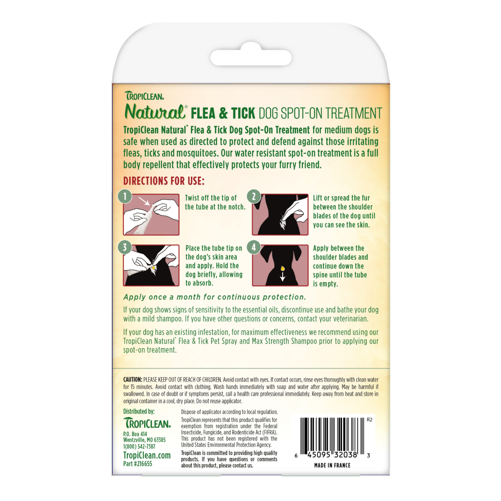 TropiClean Natural Flea & Tick Dog Spot-On Treatment for Medium Dogs from 35 - 75lb, 4-count image number null