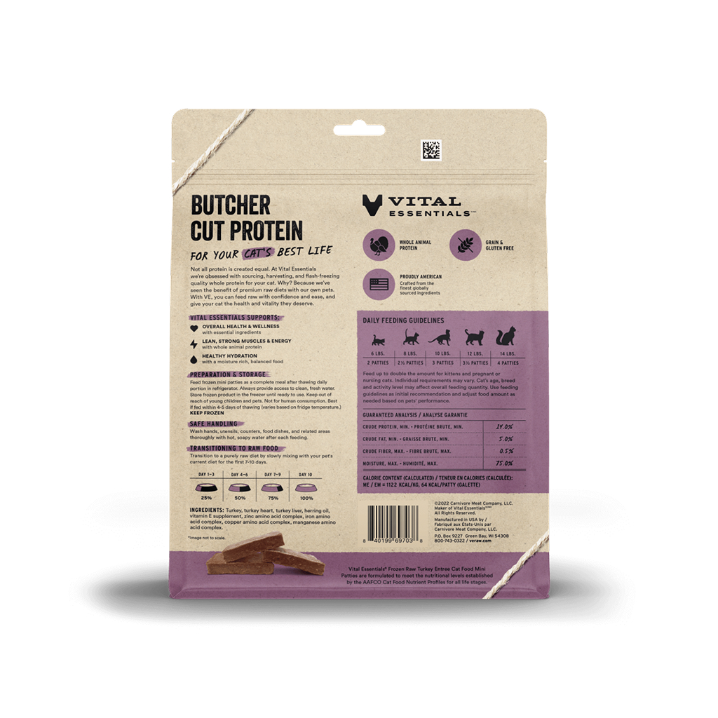 Vital Essentials Frozen Raw Turkey Entrée Mini Patties Cat Food, 28-oz image number null