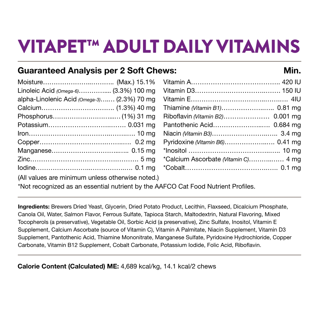Naturvet Vitapet Adult Daily Vitamins Plus Omegas For Cats, 60 Count Soft Chews, Made In The USA image number null