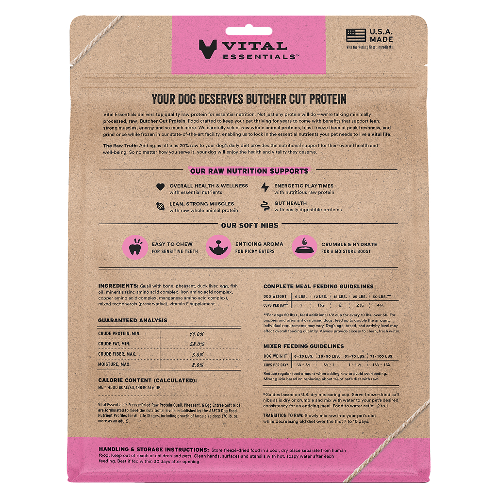 Vital Essentials Freeze-Dried Raw Quail, Pheasant, Egg Entree & Mixer Dog Food Soft Nibs, 14-oz image number null