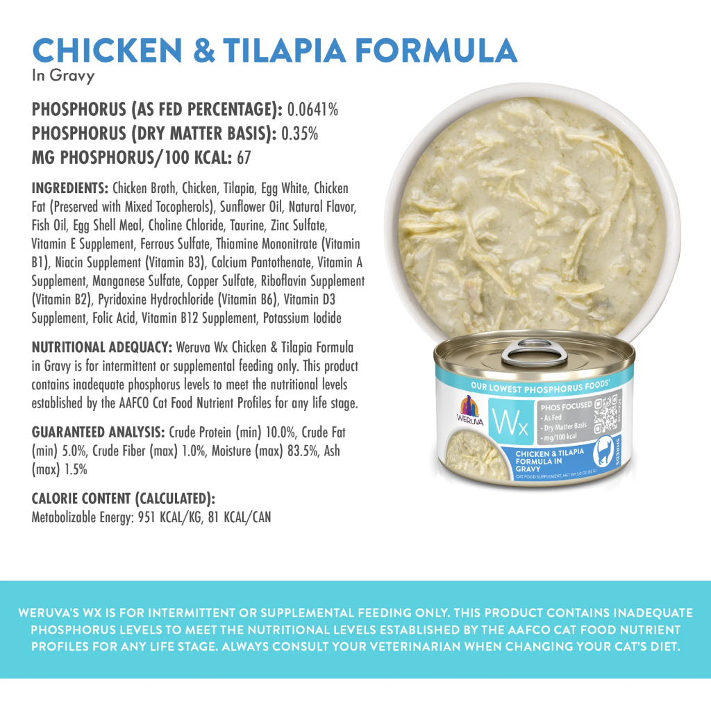 Weruva Wx Phos Focused Cat Can - Chicken & Tilapia Formula in Gravy, 3-oz image number null