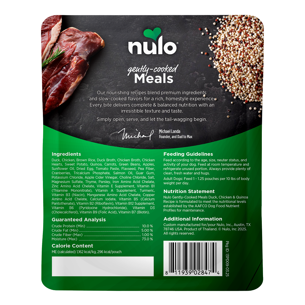 Nulo Dog Gently-Cooked Meals Duck, Chicken & Quinoa Pouch, 9-oz image number null