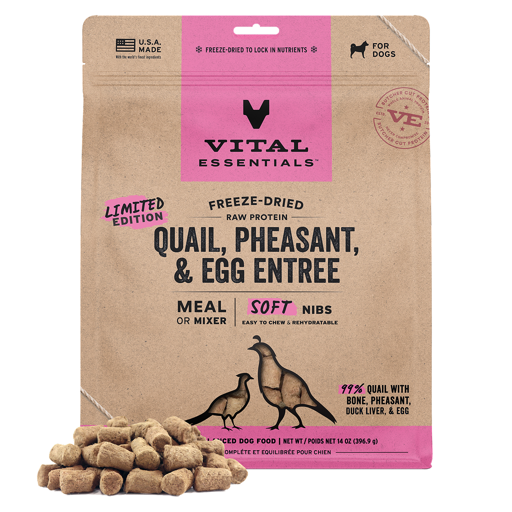 Vital Essentials Freeze-Dried Raw Quail, Pheasant, Egg Entree & Mixer Dog Food Soft Nibs, 14-oz image number null