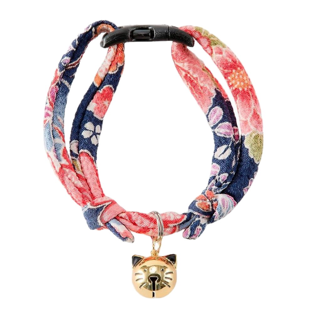 Chirimen Fireworks Cat Collar With Gold Cat Bell (Navy) image number null