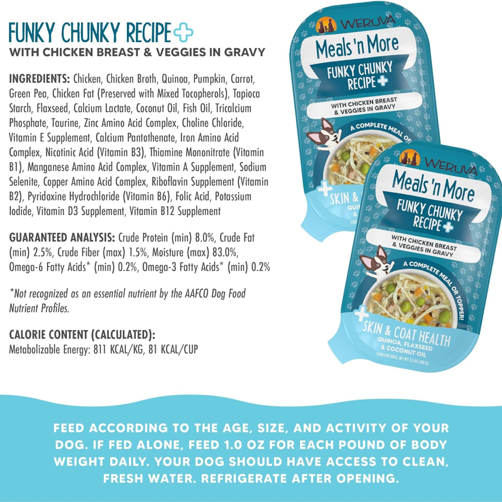 Weruva Meals 'n More Funky Chunky Recipe Plus Skin & Coat Health Wet Dog Food Cup, 3.5-oz image number null