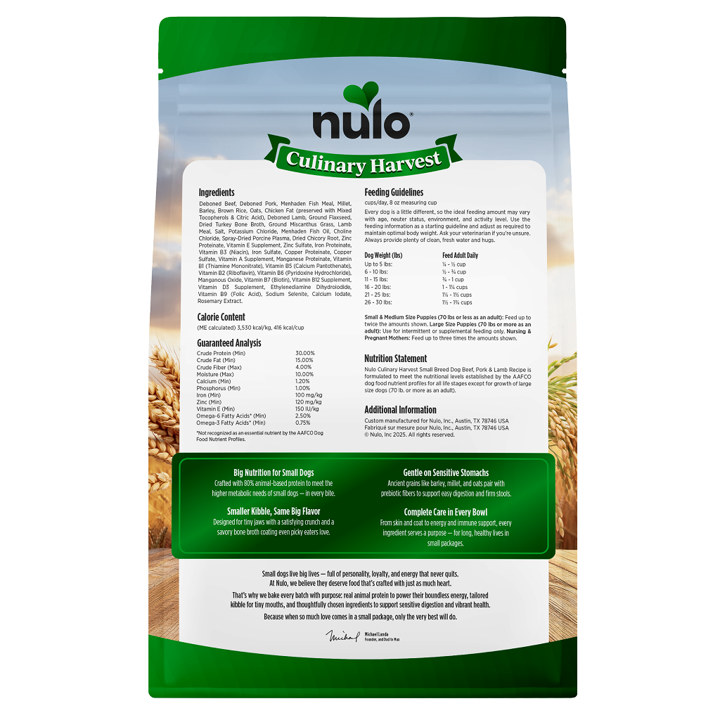 Nulo Dog Culinary Harvest Small Breed Beef, Pork & Lamb Dry food, 4-lb image number null