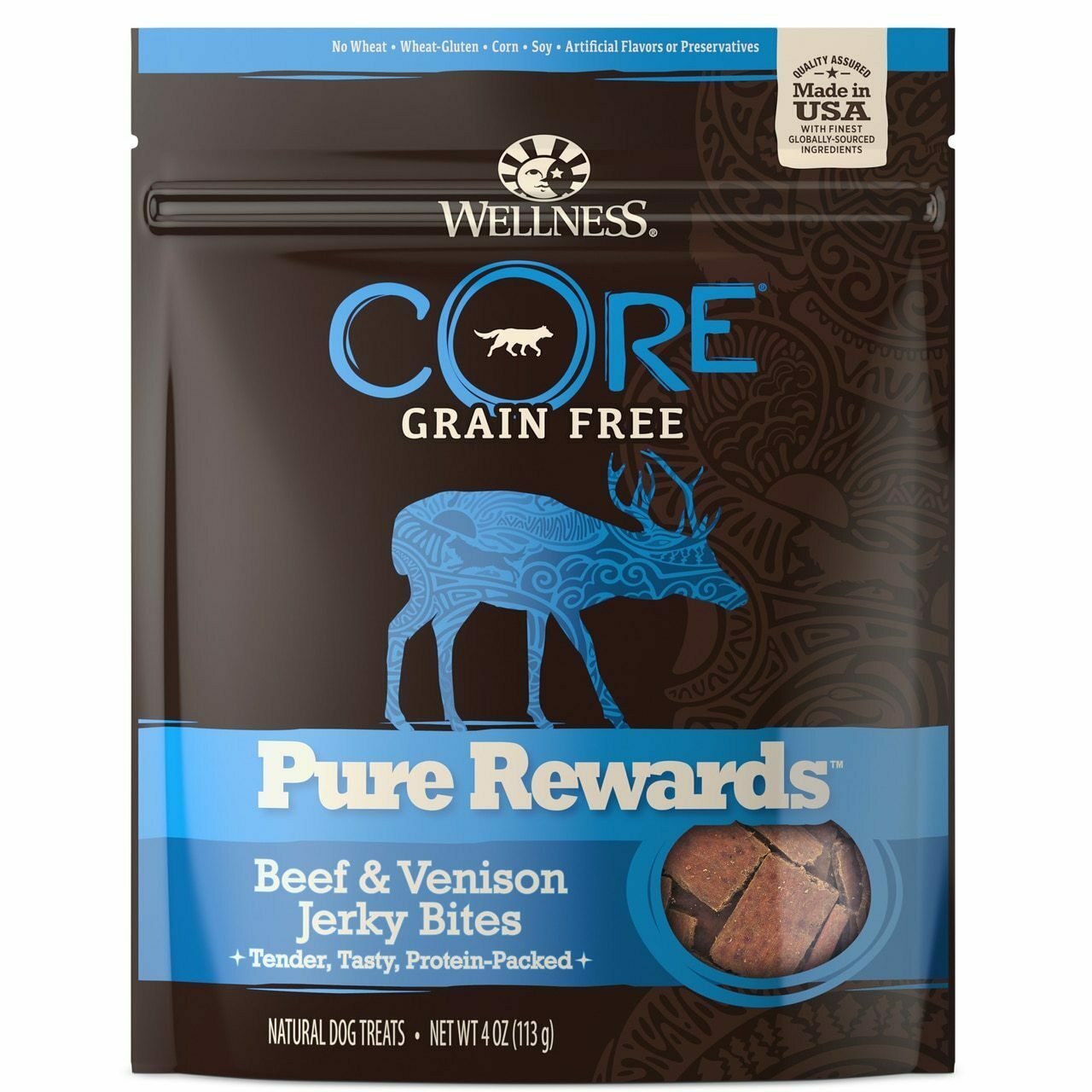 Wellness Core Pure Rewards Natural Grain Free Jerky Bites Dog Treats, Beef & Venison Recipe, 4-oz Bag image number null