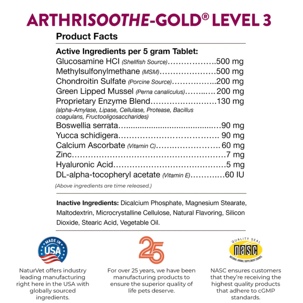Naturvet Arthrisoothe-Gold For Dogs Joint Supplement, Level 3 Advanced Joint Support Time-Release For Dogs and Cats, 90-tablets image number null
