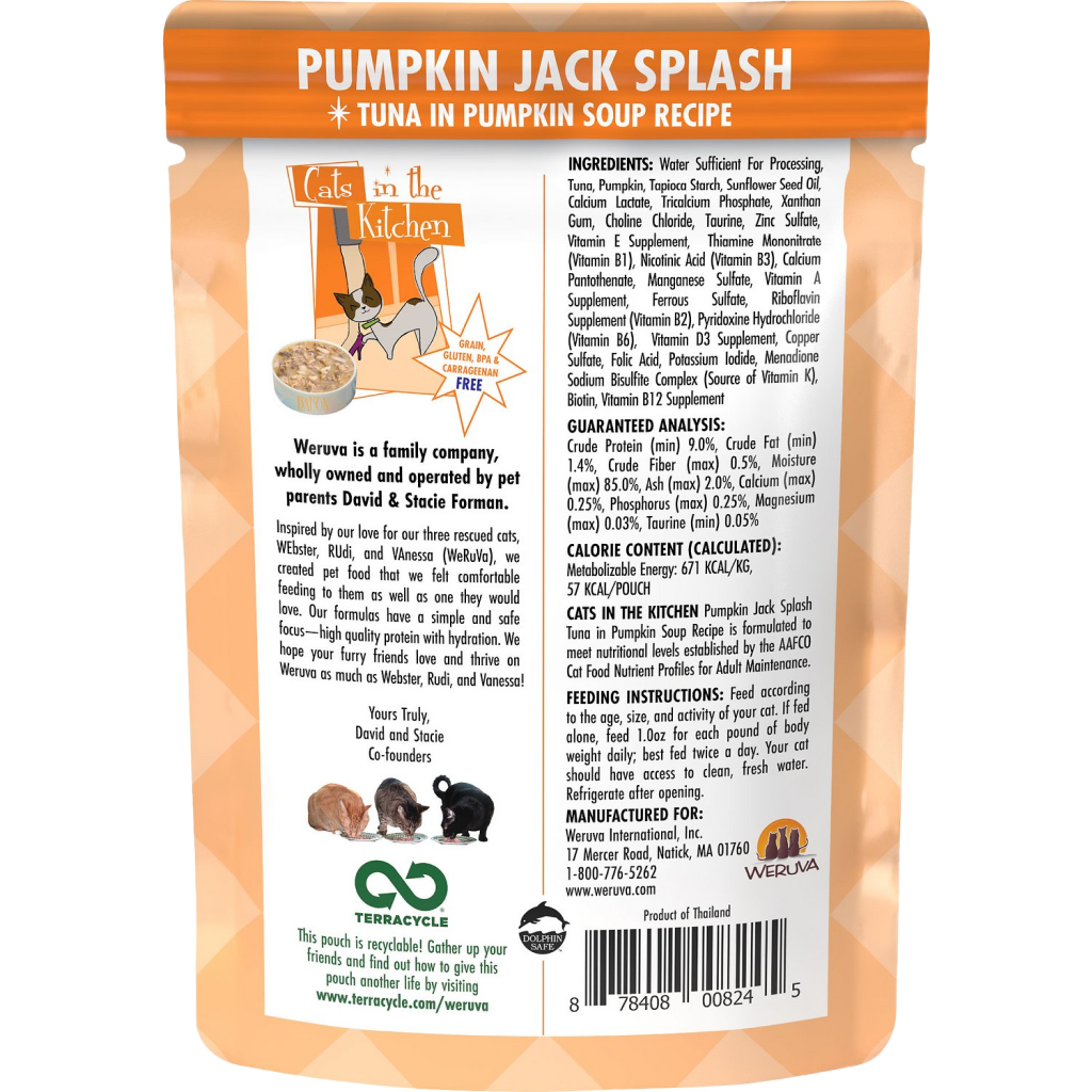 Weruva Cats In The Kitchen, Pumpkin Jack Splash With Tuna In Pumpkin Soup Cat Food, 3-oz Pouch image number null