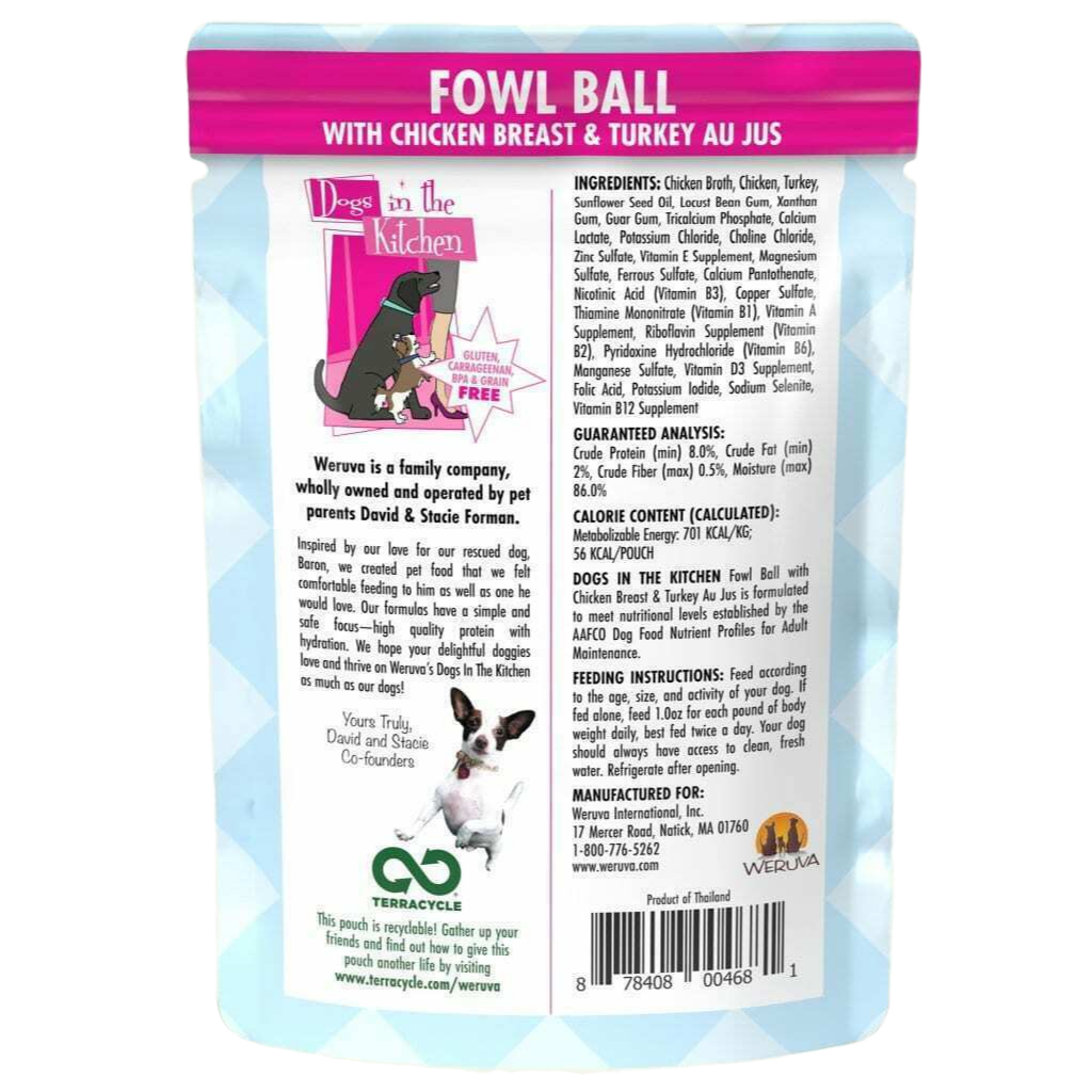 Weruva Dogs In The Kitchen, Fowl Ball With Chicken Breast & Turkey Au Jus Dog Food, 2.8-oz Pouch image number null