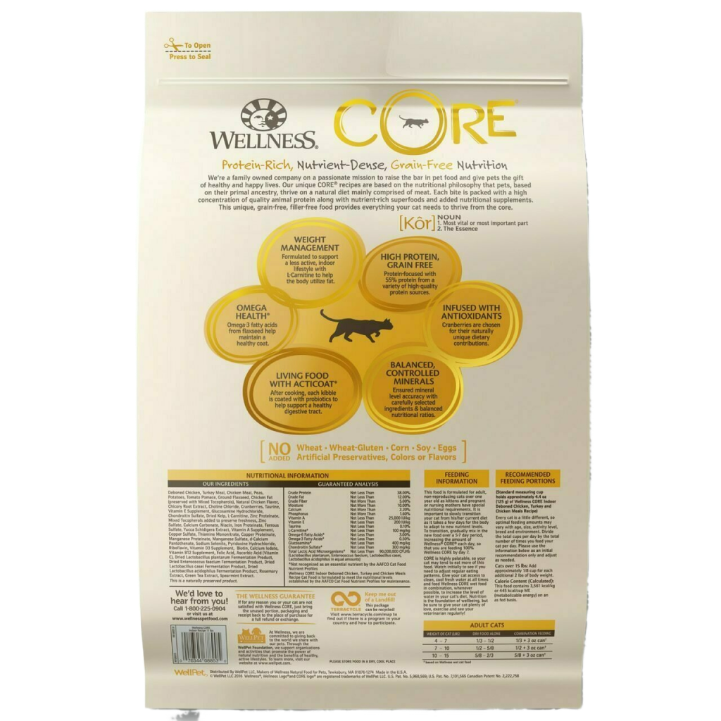 Wellness Core Natural Grain Free Dry Cat Food, Indoor Chicken & Turkey Recipe image number null