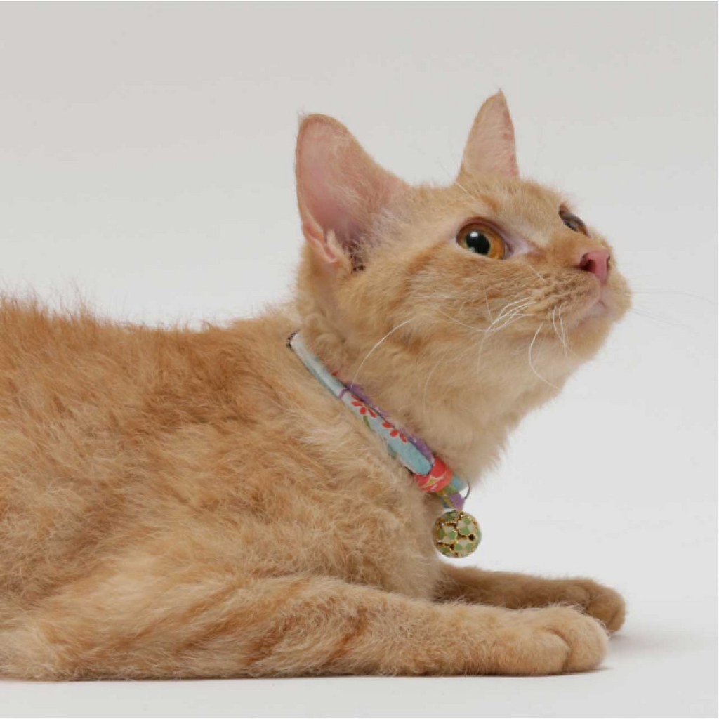 Chirimen Cat Collar With Clover Bell (Baby Blue) image number null