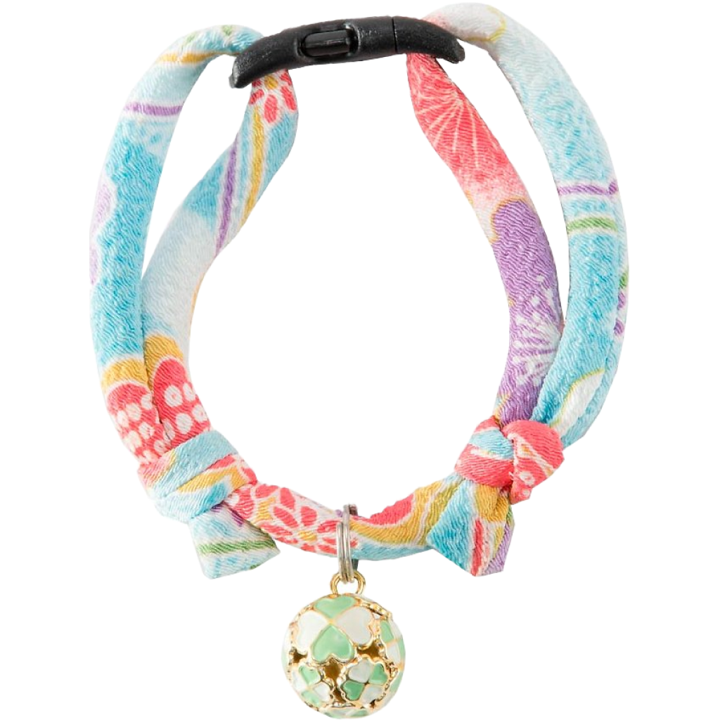 Chirimen Cat Collar With Clover Bell (Baby Blue) image number null