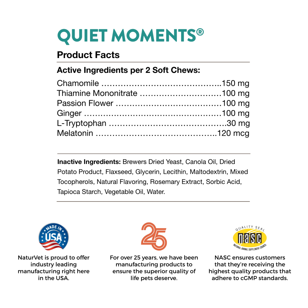 Naturvet Quiet Moments Dog Calming Aid Plus Melatonin, 70 Count Soft Chews, Made In The USA image number null