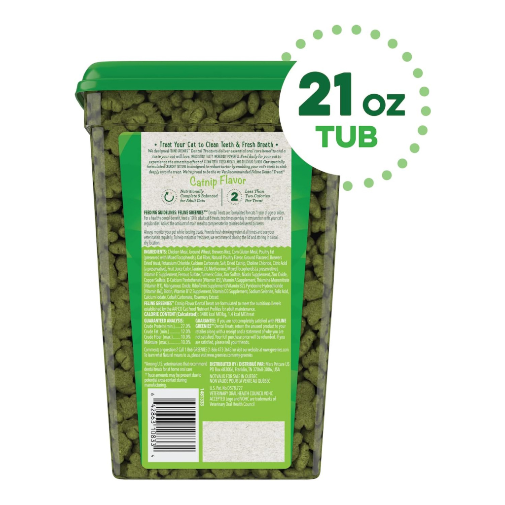 Greenies Feline Catnip Flavor Adult Dental Cat Treats Tub, 21-oz image number null