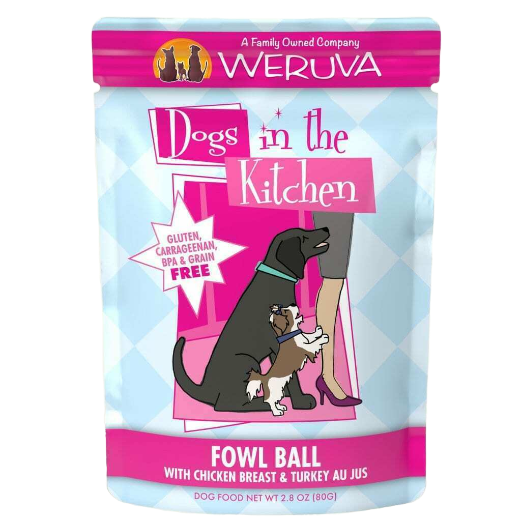 Weruva Dogs In The Kitchen, Fowl Ball With Chicken Breast & Turkey Au Jus Dog Food, 2.8-oz Pouch image number null