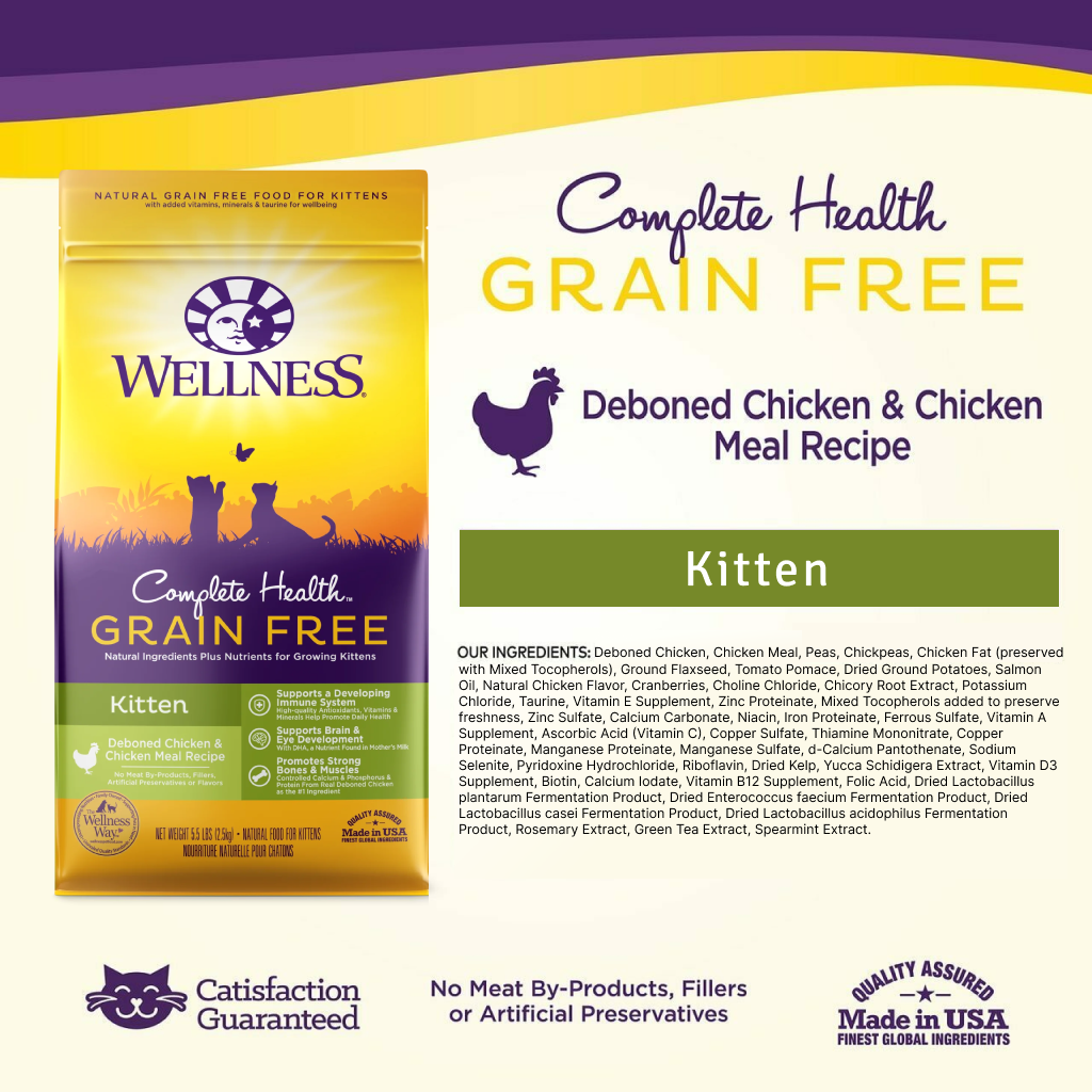Wellness Complete Health Natural Grain Free Dry Kitten Food, Chicken & Chicken Recipe, 2.25-lb Bag image number null