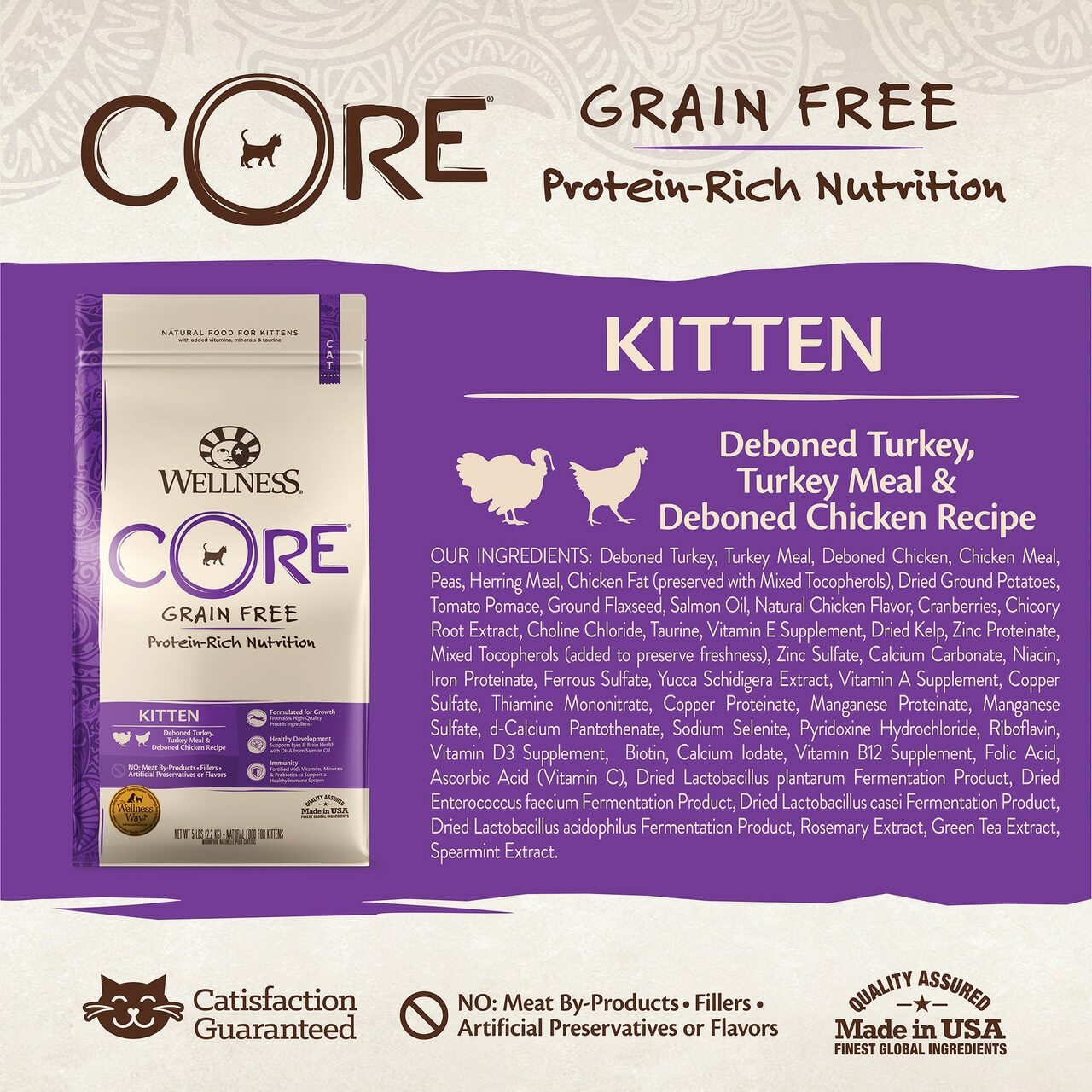 Wellness Core Natural Grain Free Dry Kitten Food, Kitten Turkey & Deboned Chicken Recipe, 2-lb Bag image number null