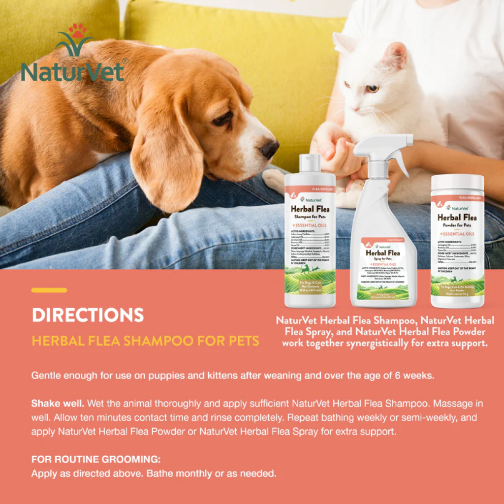 Naturvet Herbal Flea Shampoo With Essential Oils For Dogs And Cats, 16-oz Liquid, Made In The USA image number null