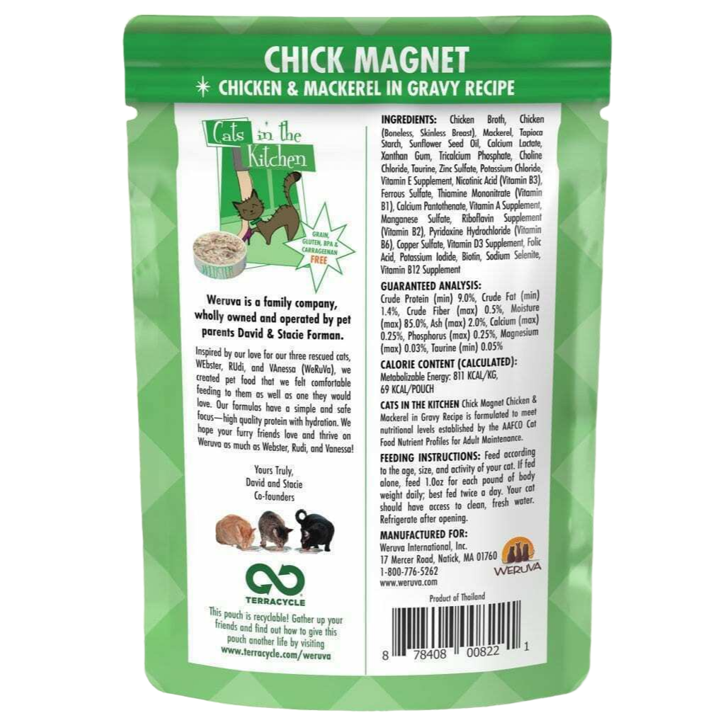 Weruva Cats In The Kitchen, Chick Magnet With Chicken & Mackerel In Gravy Cat Food, 3-oz Pouch image number null