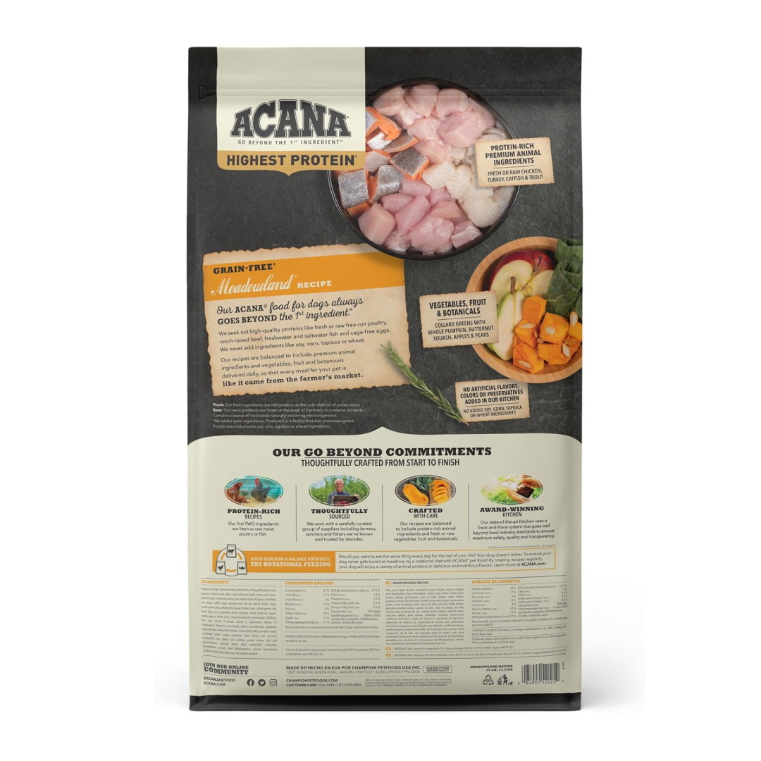 Acana Highest Protein Meadowland Recipe Dog Food, 25-lb image number null