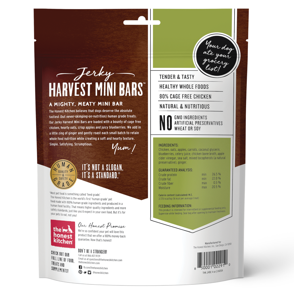 The Honest Kitchen Jerky Harvest Mini Bars: Chicken Recipe With Apples & Blueberries, 4-oz Bag image number null